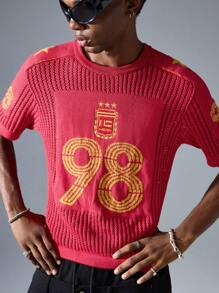 NEON BLANC Men's Street Fashion Knitted Numeric Short Sleeve Sweater - Red - View 4