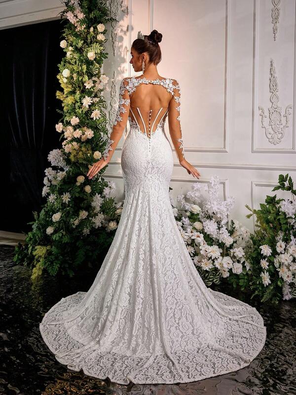 Glamrae Rochie maxi elegantă, model sirenă, cu dantelă și broderie, cu trenă detașabilă, mânecă lungă, spate decolteu, potrivită pentru nuntă, petrecere, lună de miere, mireasă