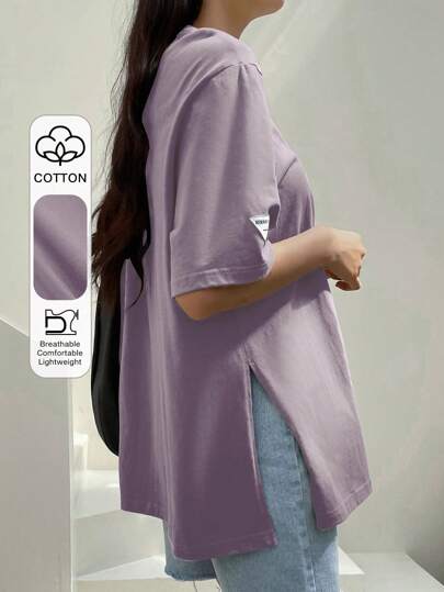 Dazy-Less Locker sitzende Kurzarm T-Shirts mit Buchstaben-Patchwork und Schlitz-Saum, Sommer Oversized T-Shirt, Business Lässig Arbeitskleidung für Frauen