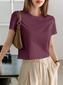 Dazy-Less Women's Solid Color Round Neck Summer Casual Short Sleeve T-Shirt Old Money Style