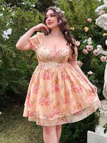 Flirla 大码女式甜美粉色可爱双褶边下摆连衣裙春季