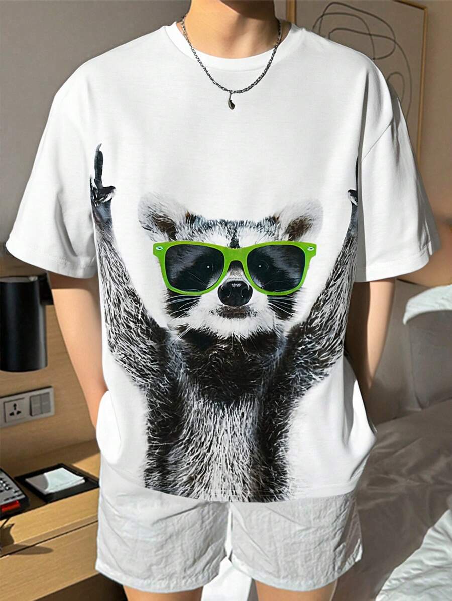 SHEIN Leap Crew Teen Boy Lovely Style Round Neck Pullover Short Sleeve Knitted T-Shirt With Glasses-Wearing Animal Printed Pattern - White - View 1