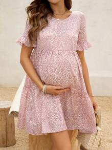 SHEIN Robe d'été décontractée rose à imprimé léopard pour femmes enceintes, robe de maternité de printemps - Rose bonbon - Voir 3
