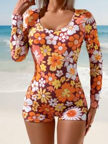 SHEIN Swim SPRTY 1pc Women's Refreshing Floral Print One-Piece Surfing Suit