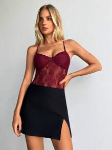 Aloruh Women's Sexy And Elegant Sheer Mesh & Lace Splice Bodysuit Women Burgundy Bodysuit