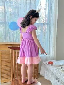 Dozemod Young Girl Girls Cute Minimalist Square Collar Cross Ribbon Decor Contrast Color Stitching Knit Nightgown, Princess Style, Wedding Flower Girl Graduation Dress - Purple - View 2