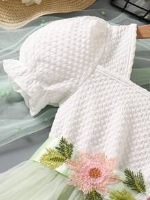 SHEIN Elladie kids 年轻女孩婚礼季节女孩白色公主裙配腰带，短袖A字泡泡袖连衣裙，婚礼花童裙，节日连衣裙 - 薄荷綠 - 查看 5