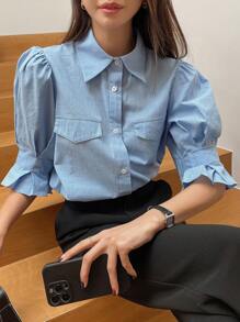 DAZY Flap Detail Puff Sleeve Shirt,Ruffle - Blue - View 9