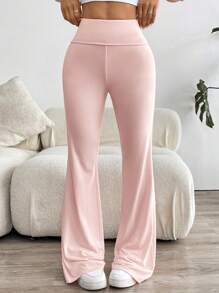 Muchica Women's Solid Flare Pants Fold Over Leggings Stretch Bootcut Flared Yoga Pants Y2k Joggers - Pink - View 5