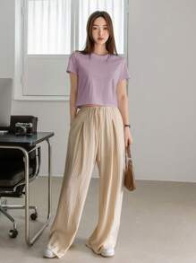 Dazy-Less Solid Color Round Neck Casual Short Sleeve T-Shirt Summer,Crop Tops Women Business Casual Woman Work Clothes - Purple - View 4