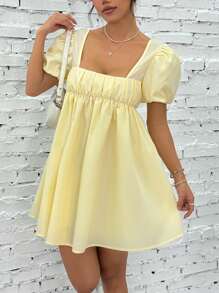 SHEIN EZwear 女士后系带泡泡袖迷你连衣裙 - 黃色 - 查看 3