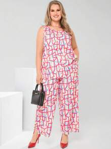 EMERY ROSE 大码休闲几何印花吊带背心和裤子两件套，优雅女装，女士夏季服装/夏季，夏装，朴素服装