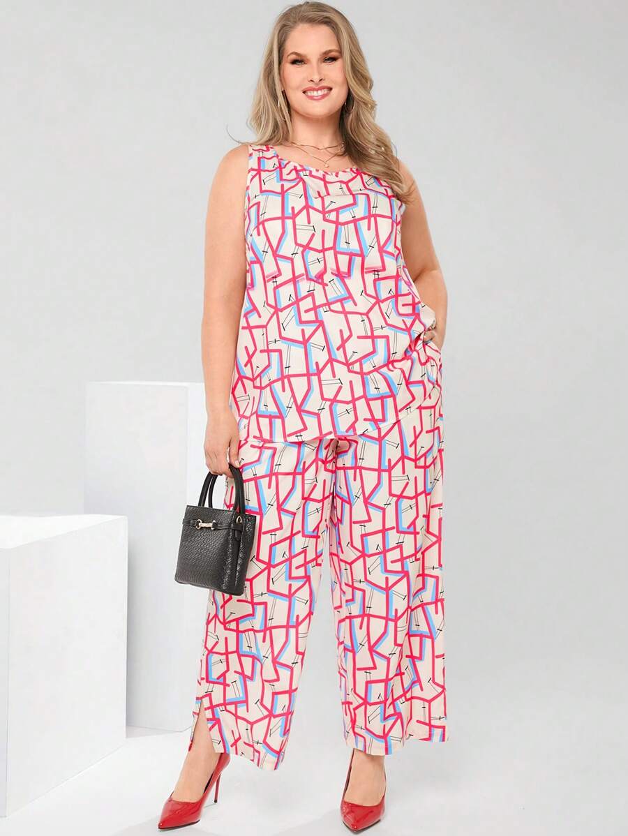 EMERY ROSE 大码休闲几何印花吊带背心和裤子两件套，优雅女装，女士夏季服装/夏季，夏装，朴素服装