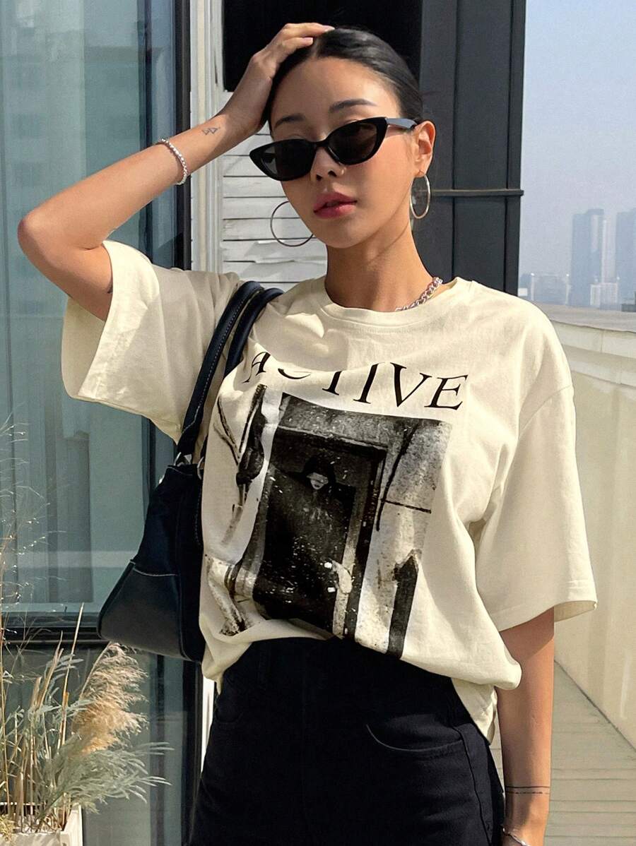 DAZY Letter Graphic Drop Shoulder Tee Oversized T-Shirt - Beige - View 1