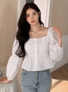 DAZY ملابس علوية نسائي بأكمام فانوس ذو لون واحد، توب بيبي دول بأكمام طويلة - أبيض - مشاهدة 5