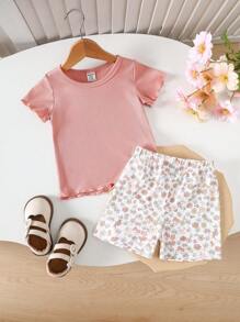Babygirl Spring/Summer Multi-Color Casual Versatile Simple Rib Knit Short Sleeve Crew Neck Top & Elastic Waist Loose Shorts Set, Suitable For Home Wear And Beach - Multicolor - View 1