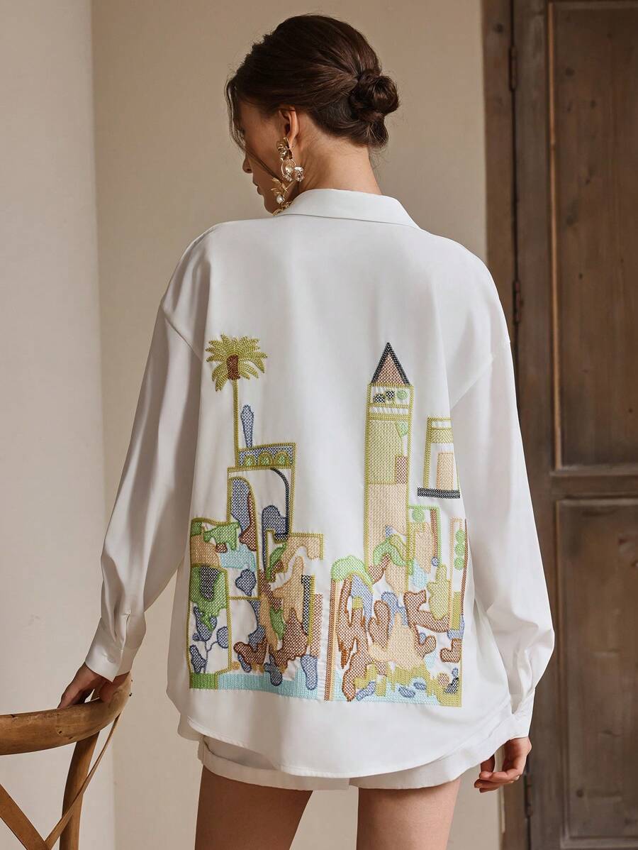 Anewsta 女士休闲宽松白色城堡刺绣超大长袖翻领衬衫上衣，春夏款 - 白色 - 查看 1