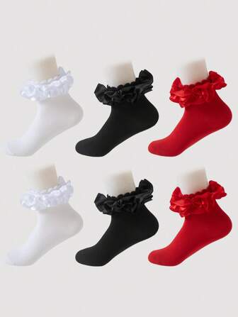 Kawaii 3 Paar Damen Kniestrümpfe mit Spitzenmuster, rot, schwarz und weiß