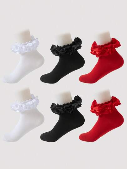 Kawaii 3 pares de calcetines medianos de mujer con diseño de encaje, en rojo, negro y blanco