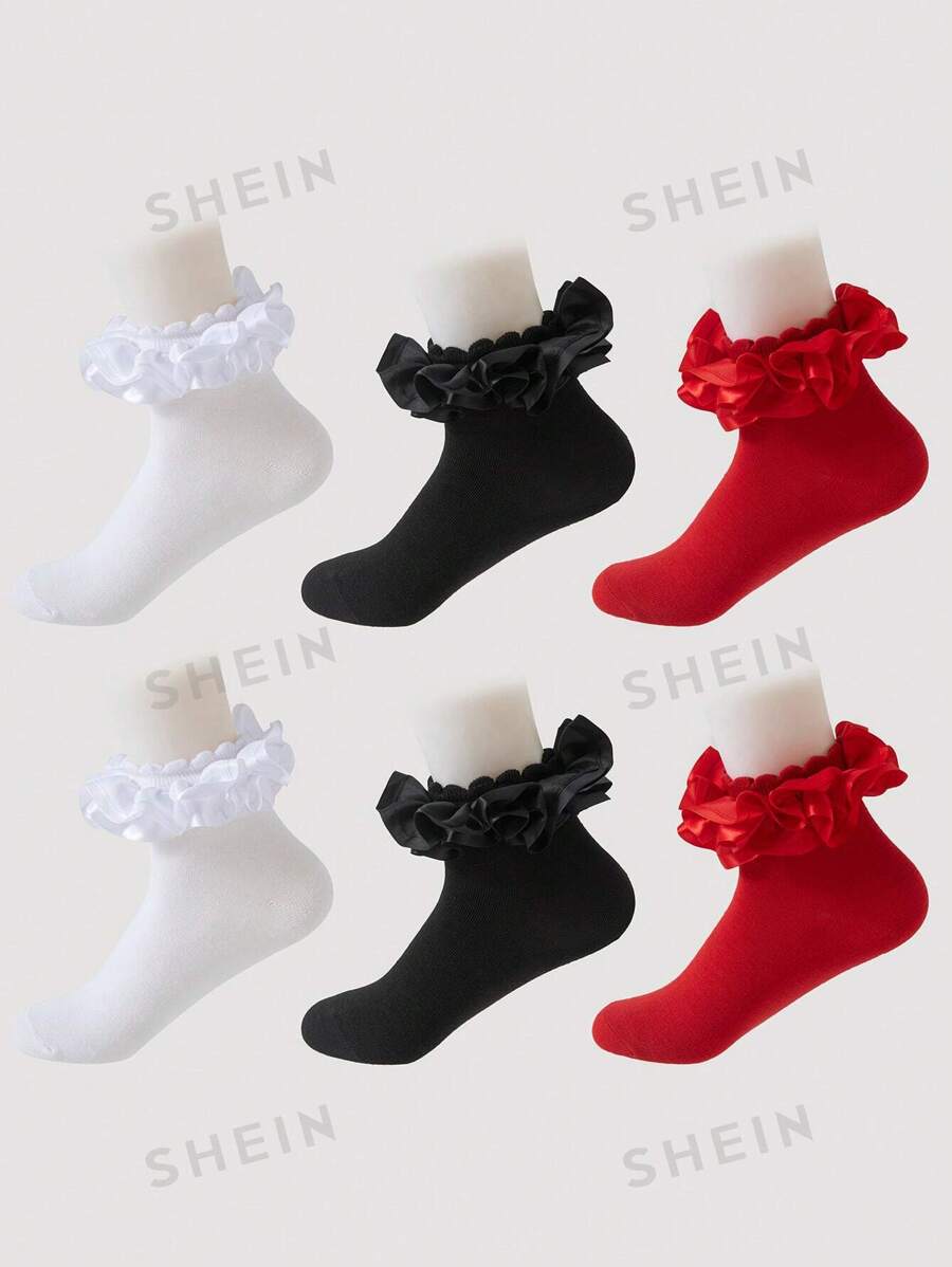 ROMWE Kawaii 3 pares de calcetines medianos de mujer con diseño de encaje, en rojo, negro y blanco - Multicolor - Ver 1