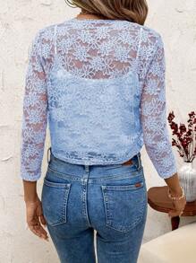 SHEIN Clasi Black Lace Regular Jacket, Lace Long Sleeve Minimalist Fashion In Fall/Winter - Baby Blue - View 2