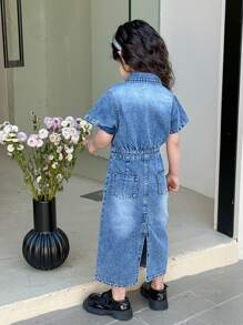 SHEIN Jonge meisjes gewassen blauwe casual split zoom korte mouwen denim jurk, getailleerd minimalistisch en veelzijdig ontwerp, geschikt voor dagelijks gebruik