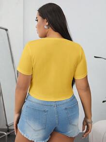 SHEIN EZwear 大码休闲简约纯色修身短款 T 恤 - 黃色 - 查看 2