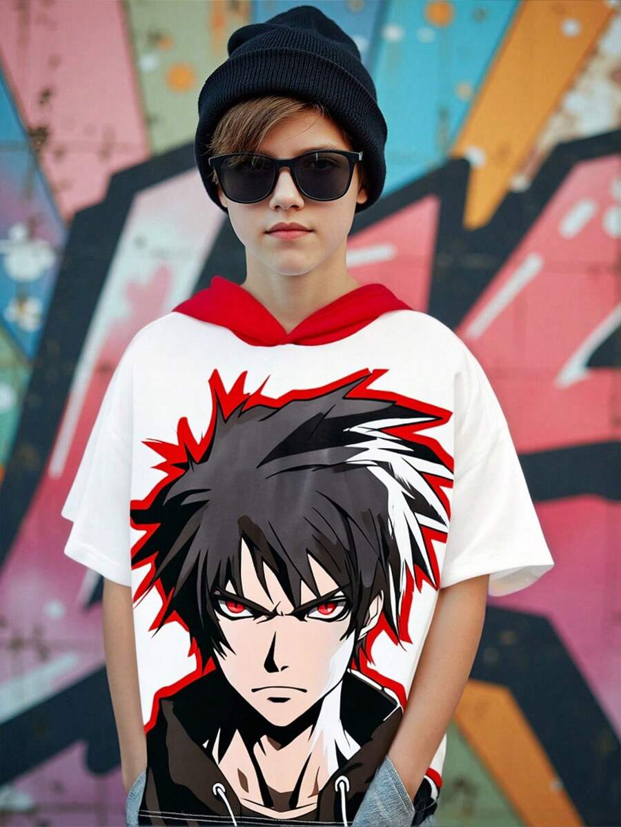 SHEIN 男童休閒對比色帽短袖針織t恤,印有卡通圖案,附帽子 - 彩色 - 查看 1