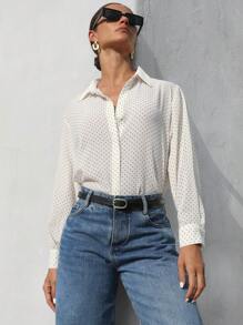 Aveloria Modichic 百搭百搭黑白波点雪纺透明领长袖女式衬衫，春夏季