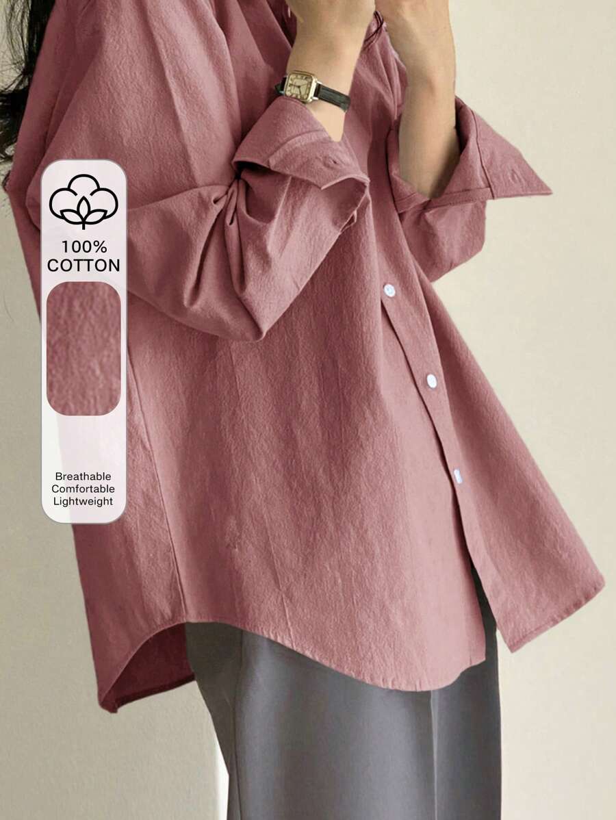 DAZY Ladies' Solid Color Front Button Casual Long Sleeve Shirt,Fall Clothes - Pink - View 1