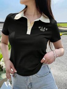 DAZY Letter Graphic Contrast Collar Tee Summer