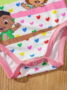 CoComelon X SHEIN Baby Girl Cute Character Colorful Heart Print Pink & White Bodysuit & Adorable Pink Bow Headband Set - White - View 5