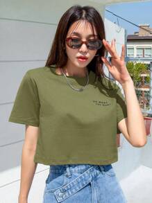 DAZY Camiseta de cuello redondo con gráfico de eslogan "HAGO LO QUE QUIERO" de verano, top corto para mujeres - Verde militar - Ver 2