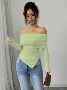 Elenzga 女士优雅露肩翻领荷叶边下摆修身 T 恤，春/秋 - 綠色 - 查看 4