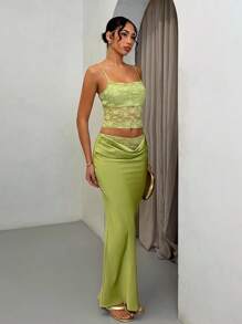 SHEIN BAE Bộ đồ hai mảnh đi biển mùa xuân và mùa hè thanh lịch, gợi cảm, ren liền thân màu trơn, áo hai dây và váy dài, trang phục mùa hè cho phụ nữ, trang phục đi nghỉ cho phụ nữ, váy dự tiệc cưới cho phụ nữ - xanh quân đội - Xem 5