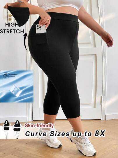 SHEIN CURVE+ Plus Size Women's Black Elastic Fitted Capri Leggings, Skin-Friendly (With Phone Pocket)