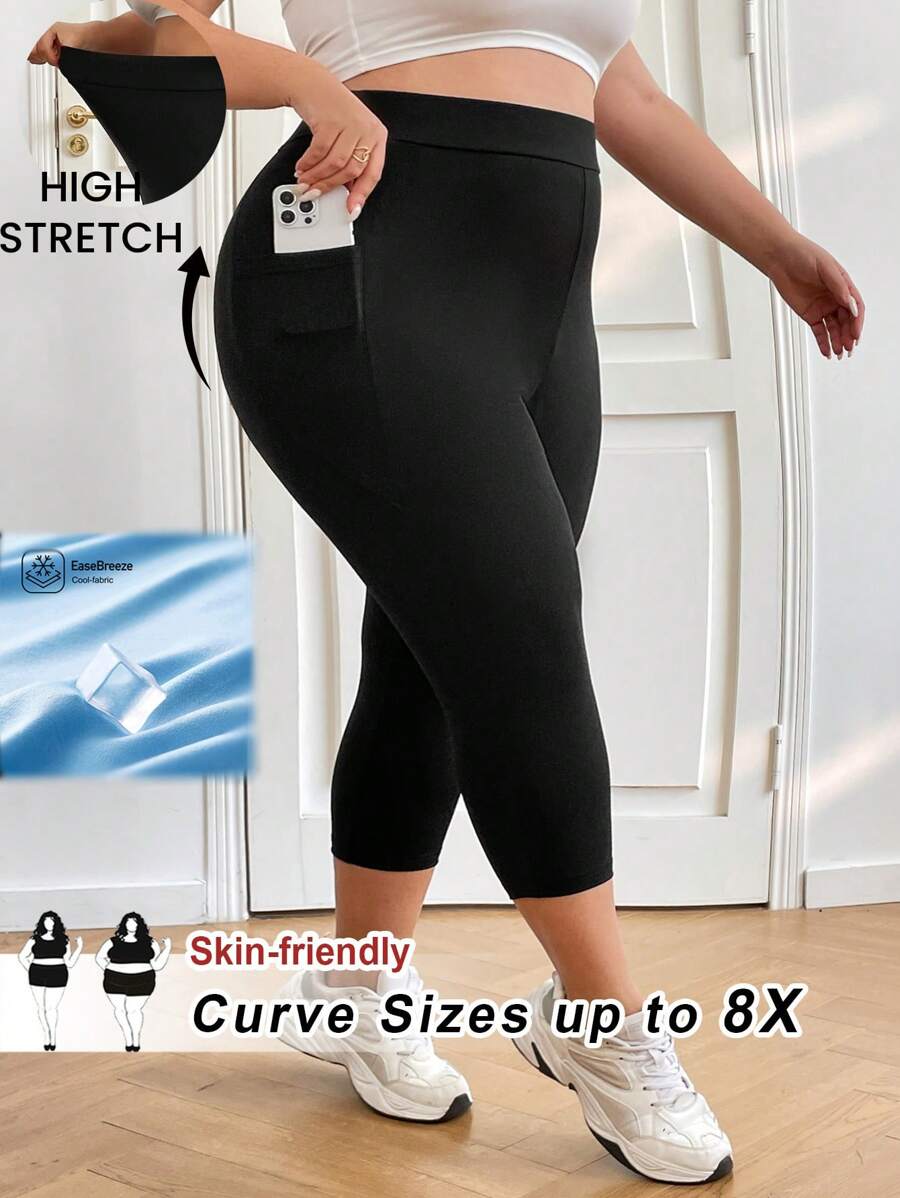 SHEIN CURVE+ Plus Size Women's Black Elastic Fitted Capri Leggings, Skin-Friendly (With Phone Pocket) - Black - View 1