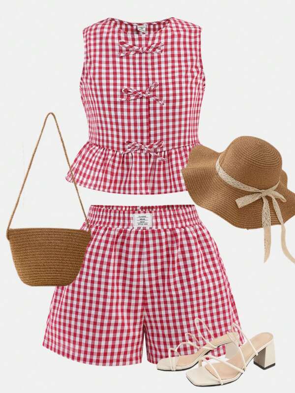 Girlism Conjunto casual para niña adolescente con parte superior de cuadros rojos con volante de lazo en el bajo, shorts holgados de cintura alta. Conjunto informal, atuendo de casa, estilo vintage para vacaciones