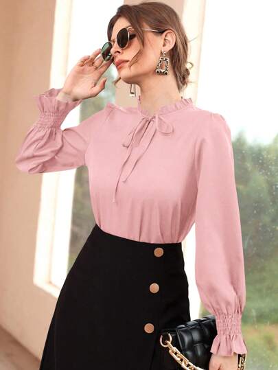 Mulvari Burgundy Red Women's Casual Solid Color Ruffled Sleeve Blouse, Spring And Autumn Fall Cloth For Women