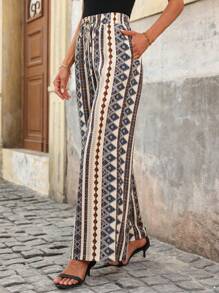SHEIN Clasi Vakantie-outfits voor dames, zomerse elegante damesprint in boho-stijl met geometrische print, elastische tailleband, verstelbare vetersluiting, rechte pijpen en wijde pijpen, geschikt om te dragen bij verschillende gelegenheden