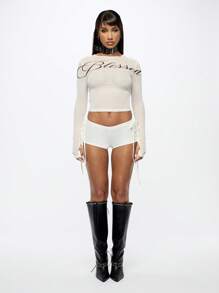 SUMWON WOMEN 脚本长袖网眼短款上衣 Y2K 时尚个性衬衫，带领带装饰，节日俱乐部派对，冬季秋季休闲装 - 白色 - 查看 3