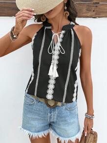 SHEIN LUNE Women's Lace Trim V-Neck Halter Shirt