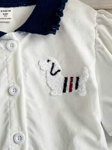 SHEIN 年轻女孩白色灯笼袖可爱刺绣小狗立领纽扣式休闲学院风舒适春夏连衣裙 - 白色 - 查看 8