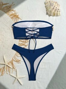 SHEIN Women's Hollow Out Back Criss-Cross Strap Seashell & Ruched Bikini Set - Blue - View 6