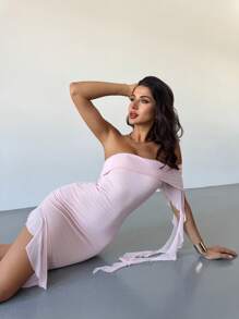 Firerie Romantic Asymmetric One-Shoulder Ruffle Trim High Slit Bodycon Mesh Long Dress, Simple Elegant For Weddings, Dating, Spring/Summer Fairycore Concert Rave Outfit Women - Pink - View 2