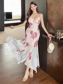 DAZY Elegant Sexy Spaghetti Strap V-Neck Floral Mesh Fishtail Dress Sundress - Multicolor - View 2