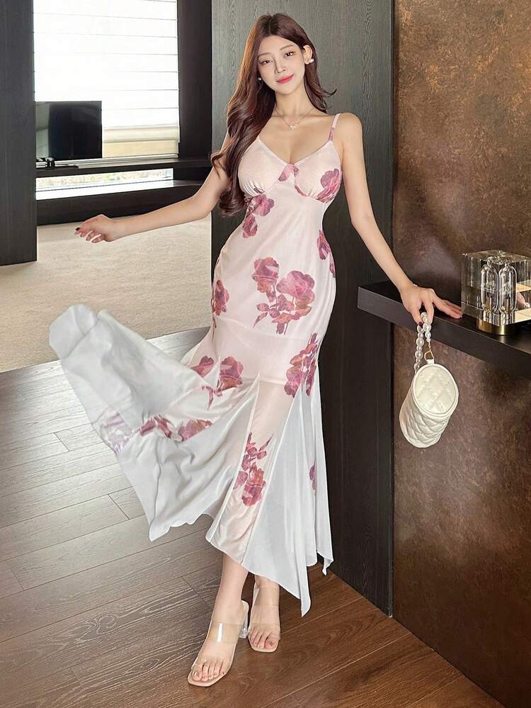 Elegant Sexy Spaghetti Strap V-Neck Floral Mesh Fishtail Dress Sundress Cocktail Dress