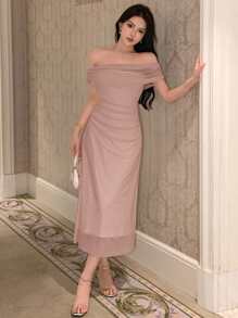 DAZY 露肩纯色褶饰侧网眼覆盖返校节礼服舞会礼服优雅太阳裙婚礼女士连衣裙