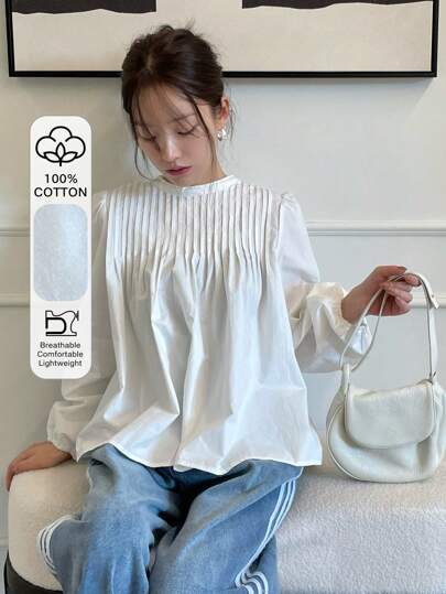 DAZY 1pc Women's Plain Color Pleated Lantern Sleeve Loose Casual Blouse, Business Casual,Ruffle,Fall Clothes Long Sleeve Top