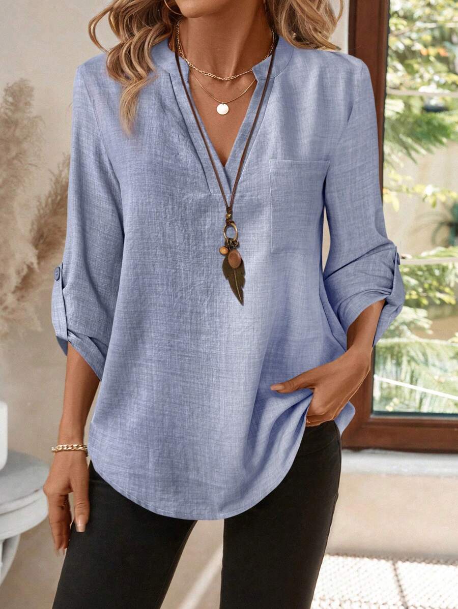 EMERY ROSE 女士春季花卉印花 V 领 3/4 袖工作衬衫 - 灰色 - 查看 1